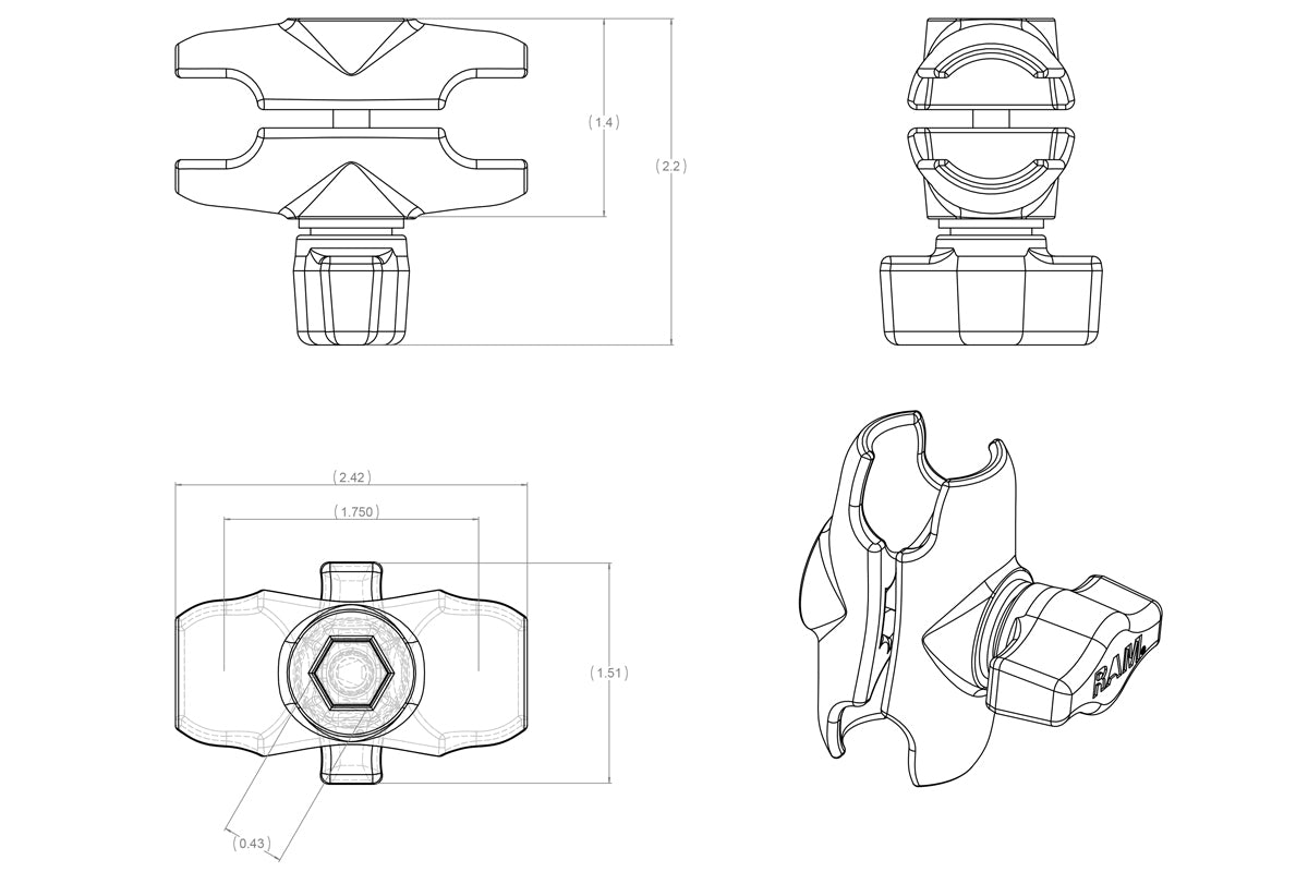 RAM Mount Double Socket Arm - B Size Short