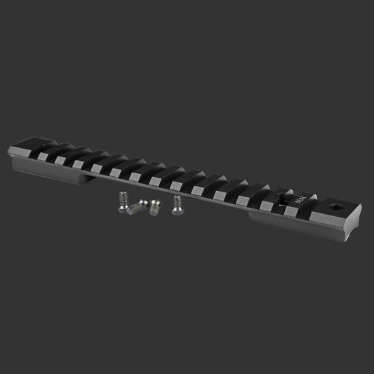 Black rifle scope rail with screws on a white background